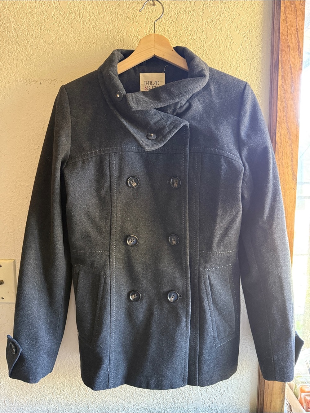 Thread & Supply Black Double-Breasted Pea Coat with Funnel Collar